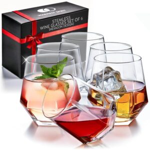 Stemless Wine Glasses Set of 6 - Hexagon Shaped Crystal Wine Glass Set for Red or White Wine - Beveled Sides Feels like a Diamond & Lets Wine Breathe