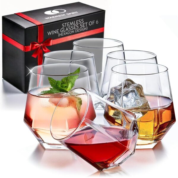 Stemless Wine Glasses Set of 6 - Hexagon Shaped Crystal Wine Glass Set for Red or White Wine - Beveled Sides Feels like a Diamond & Lets Wine Breathe